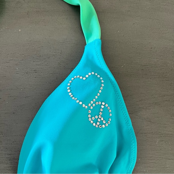 PINK Victoria's Secret Blue & Green Rhinestone Heart & Peace Sign Bikini Top L - Picture 3 of 5